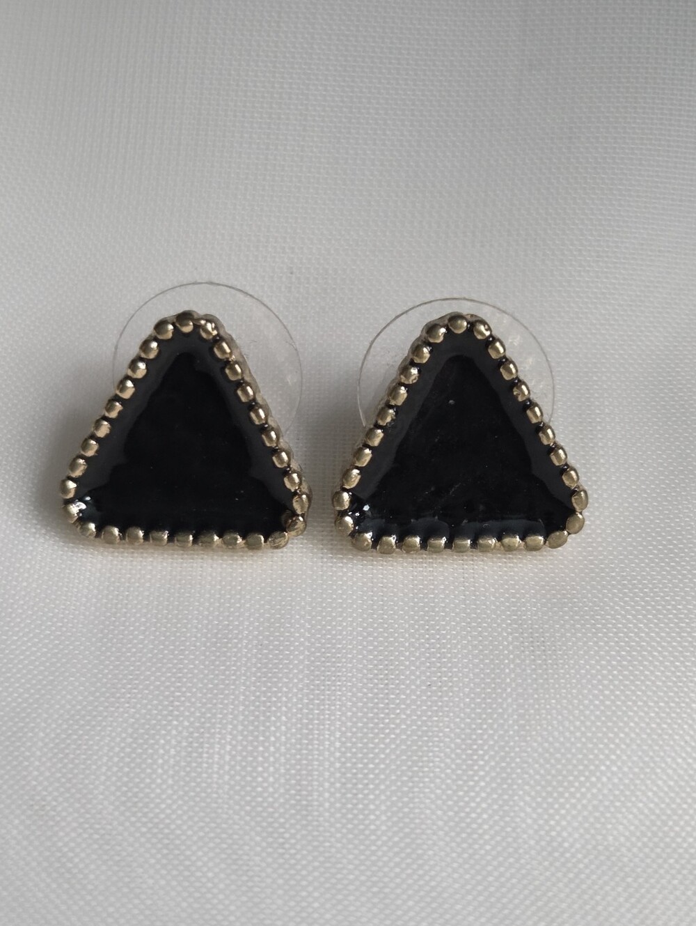 Black Triangle Stud Earrings with Gold Beaded‎ Trim